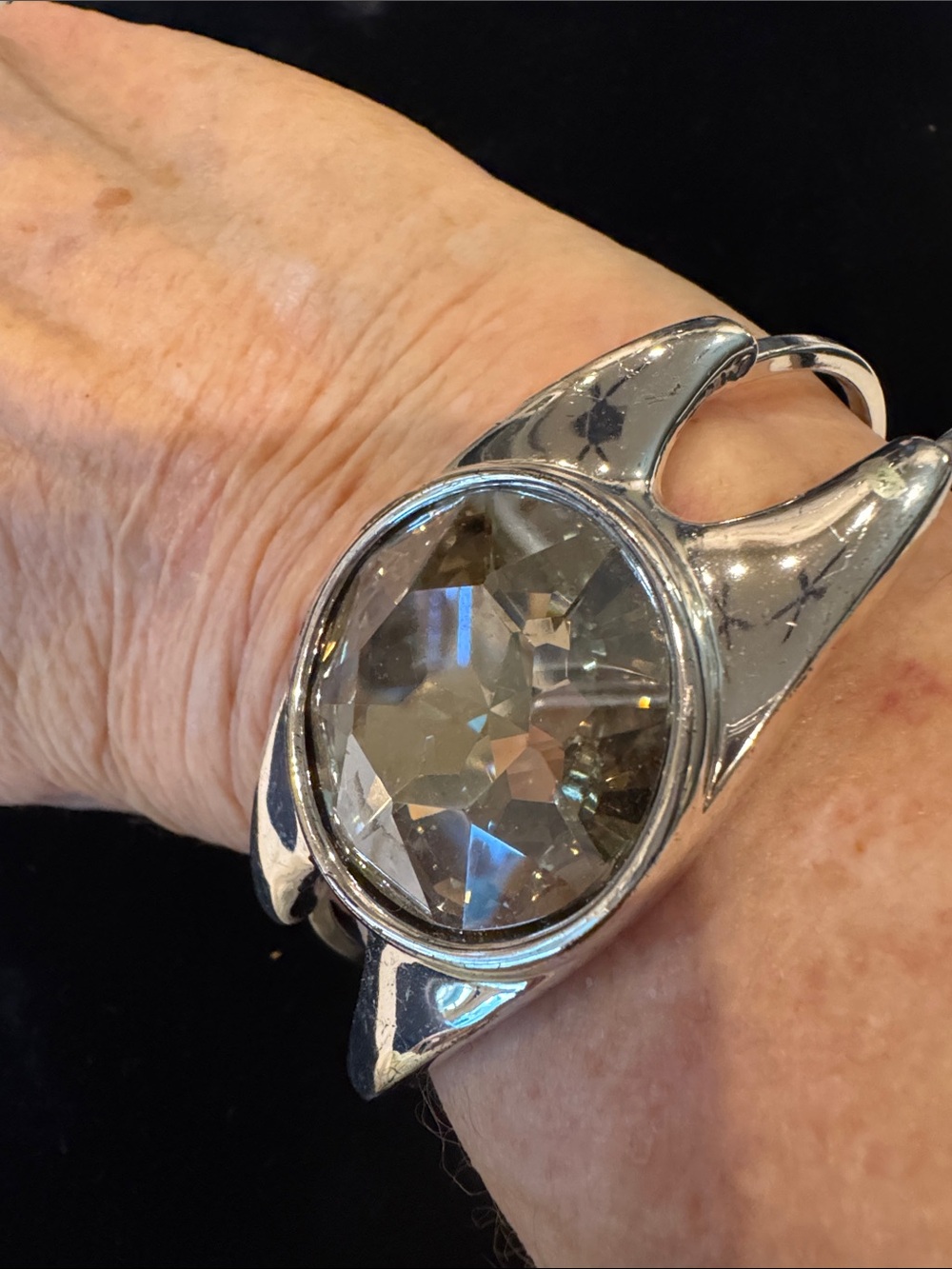 Vernier Silver-Tone Cuff Bracelet w/ Large Champagne Multi-Faceted Rhinestone